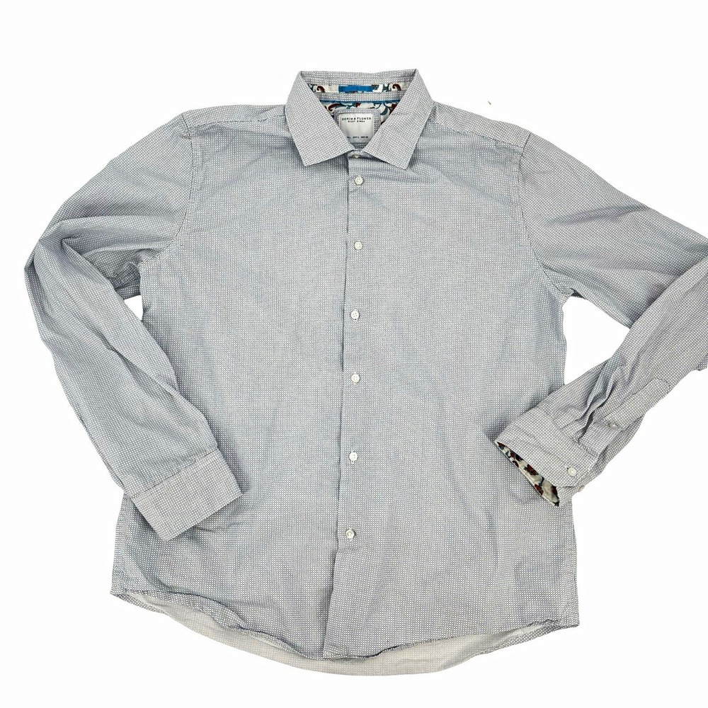 Denim & Flower Men's L White/Blue Geometric 100% Cotton Point Collar Shirt